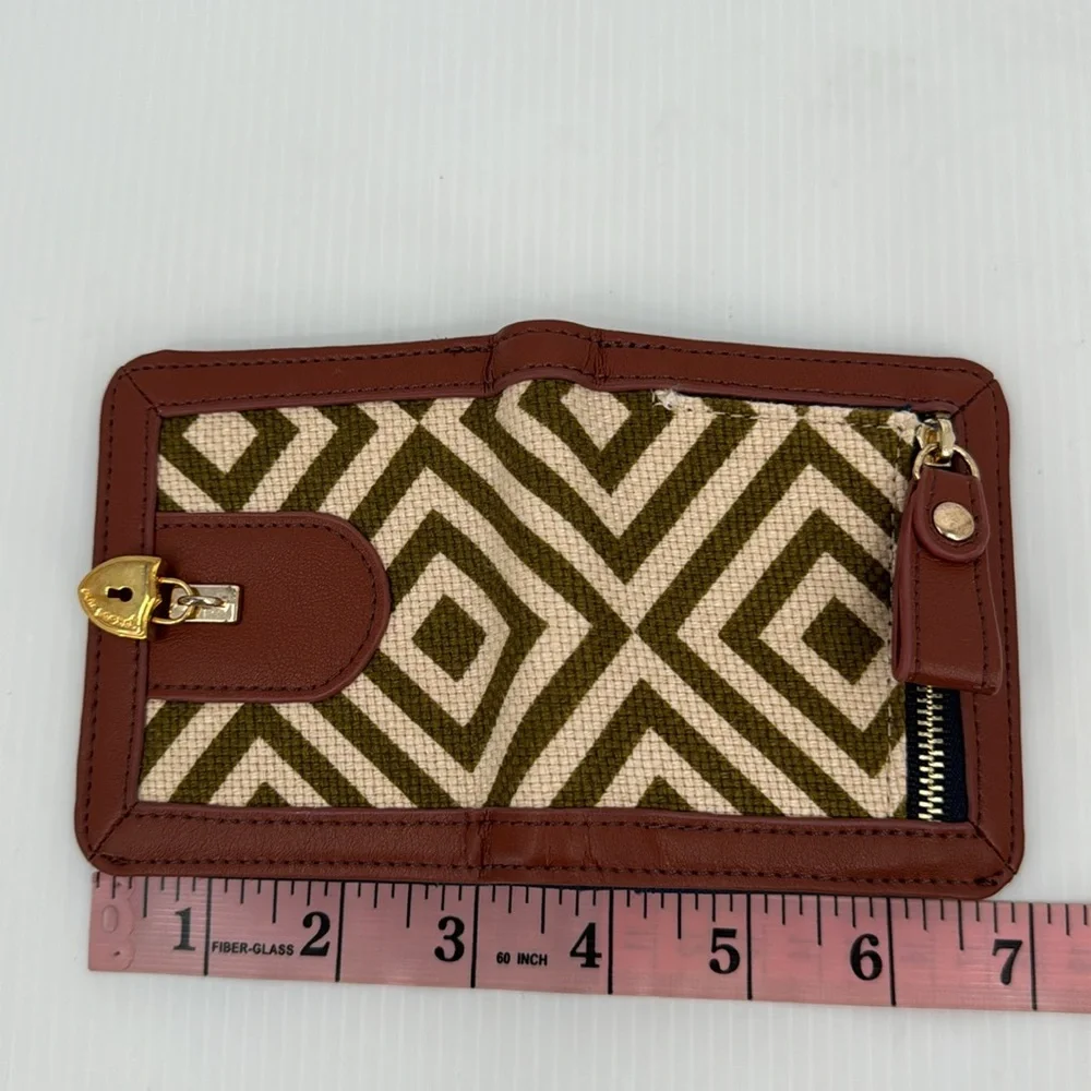 Spartina Linen & Leather Small Green & White Women’s Wallet Cute Rhinestone Lock